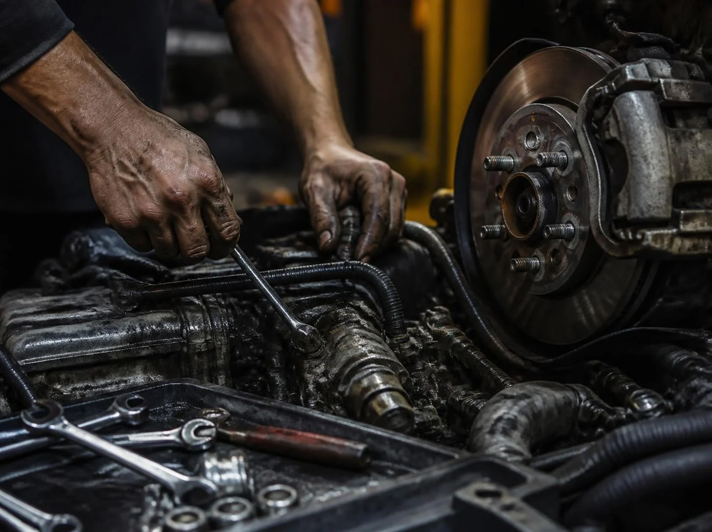 Meccanico al lavoro sul motore e sull'impianto frenante
