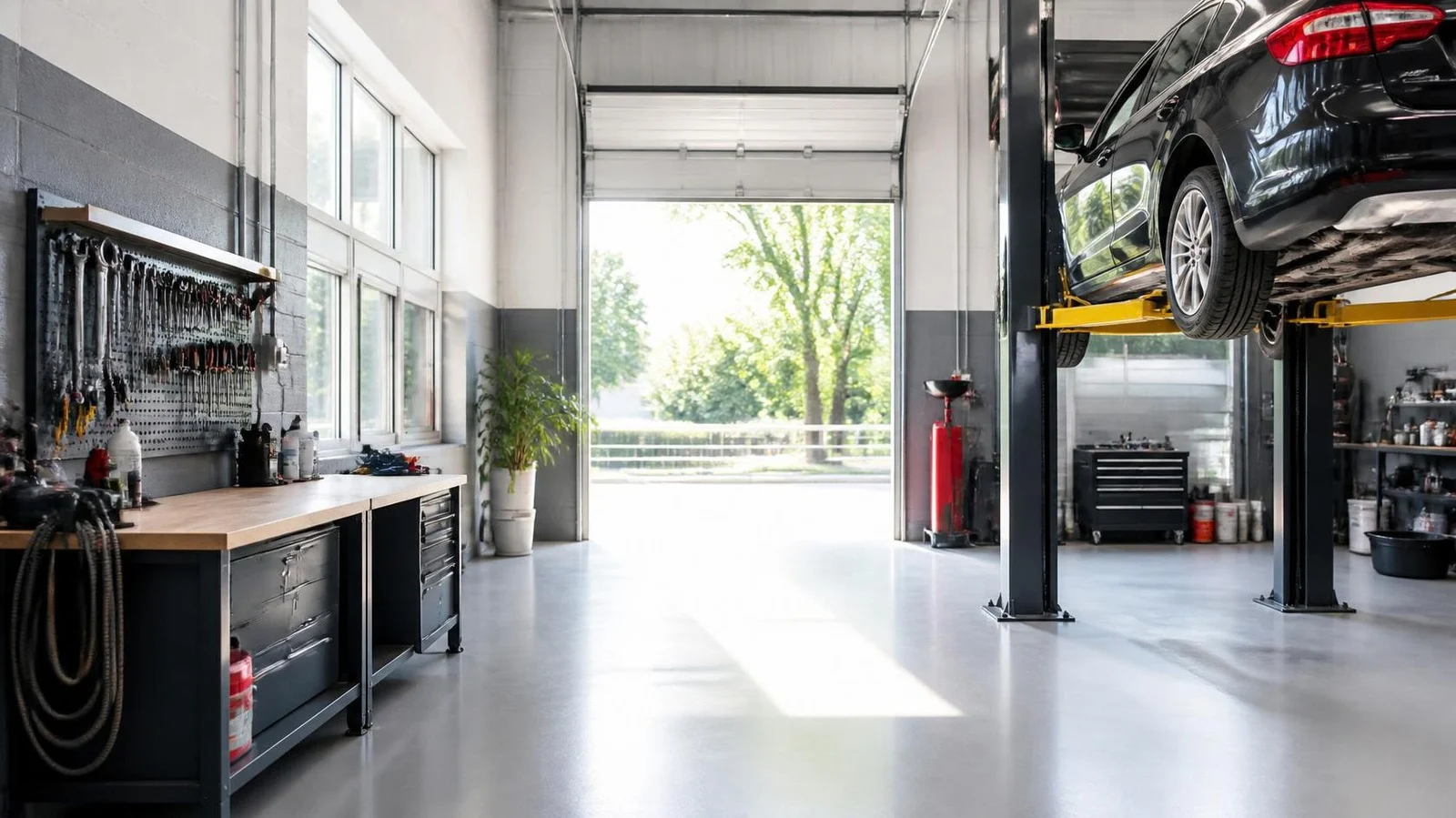 Officina AM Service a Castel del Piano: ambiente luminoso con auto sul ponte sollevatore